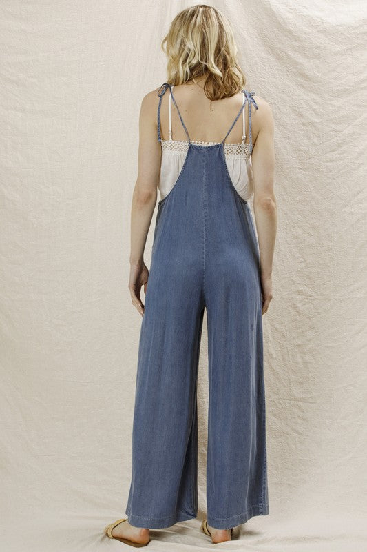 Tie Shoulder Soft Denim Jumpsuit