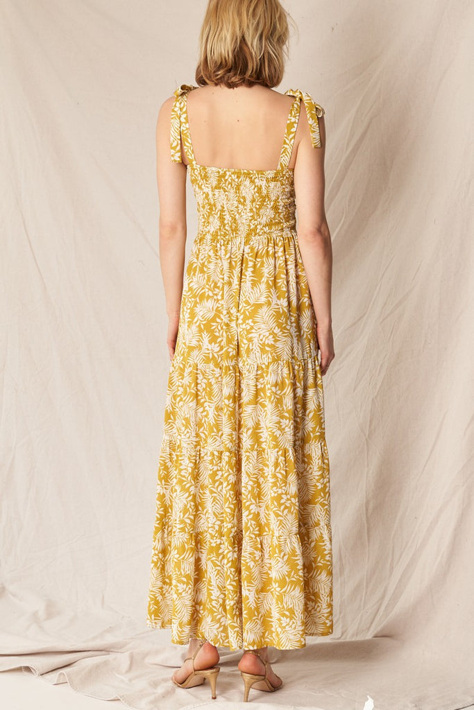 Smocked Tropical Print Maxi Dress