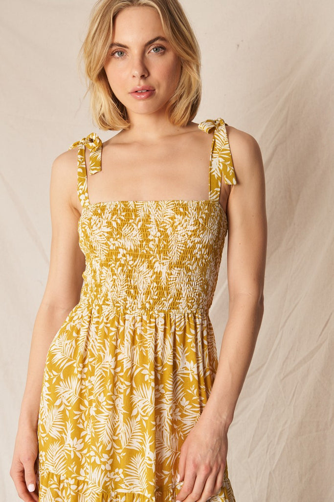Smocked Tropical Print Maxi Dress