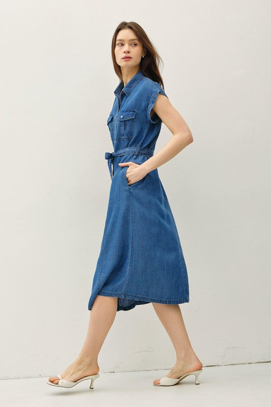Tencel Denim Belted Button Down Midi Shirtdress