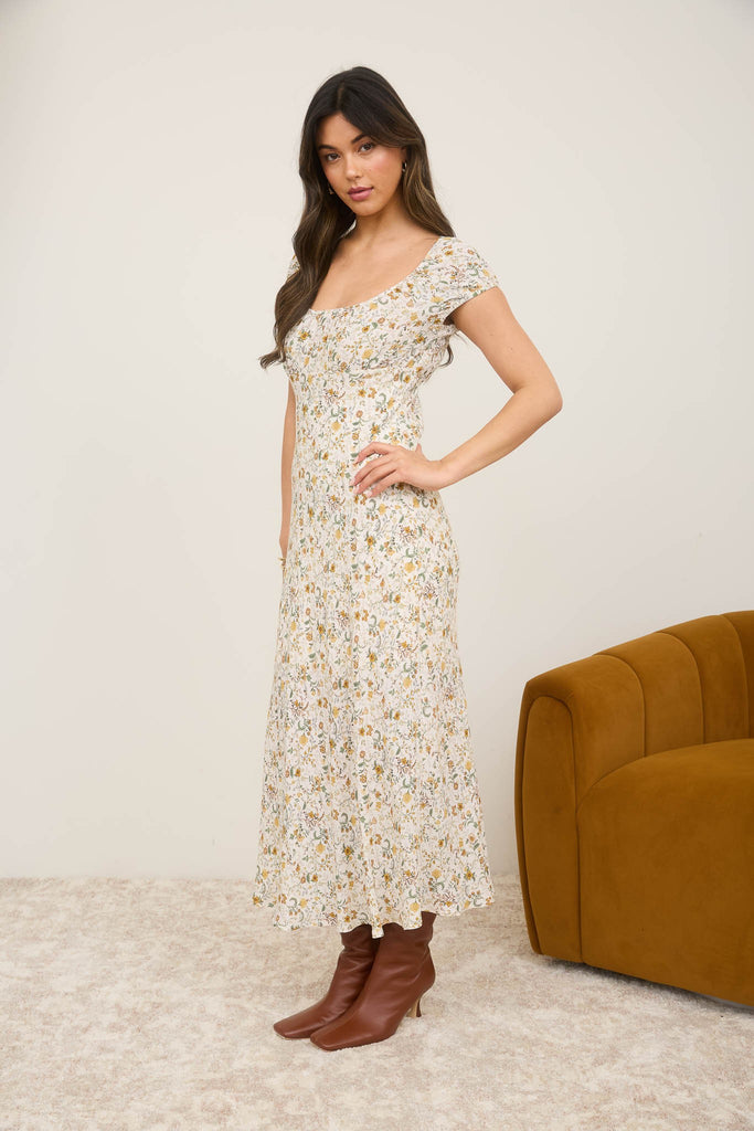 Floral Scoop Neck Ruched Short Sleeve Midi Dress