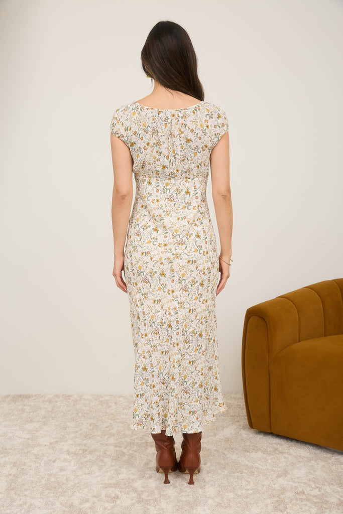 Floral Scoop Neck Ruched Short Sleeve Midi Dress