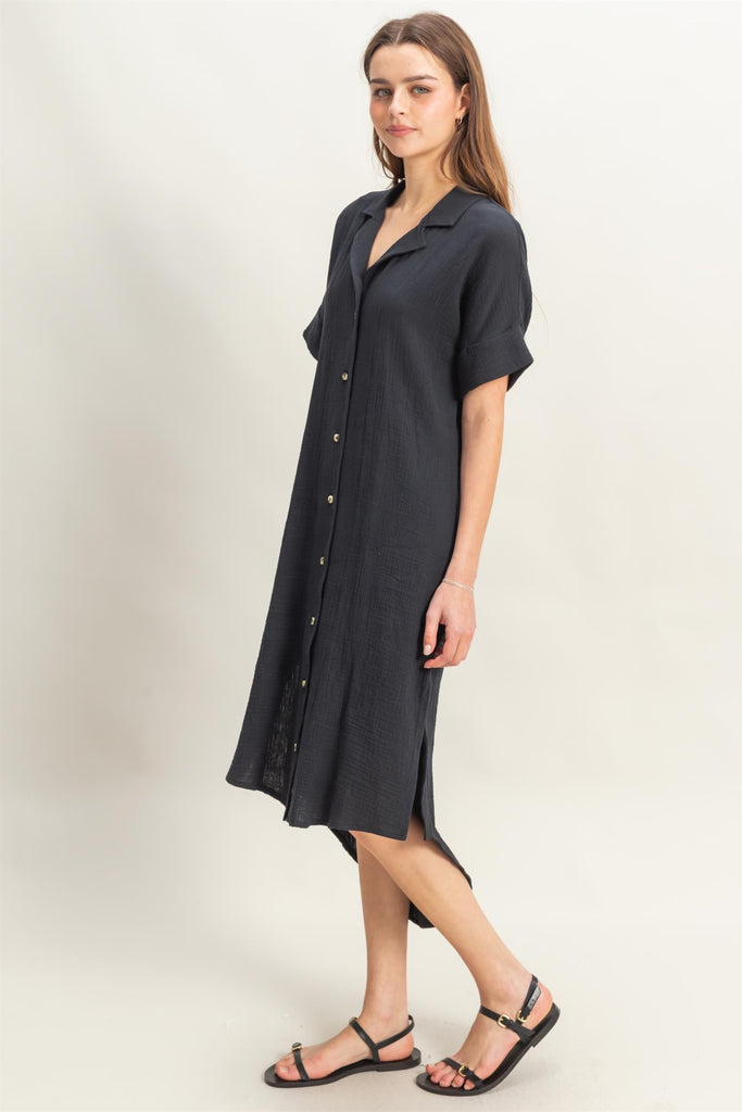 Gauze Back Cutout Shirt Dress