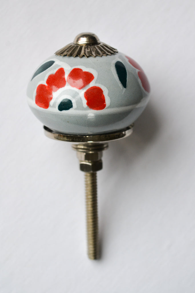 Gray and Red Floral Knob