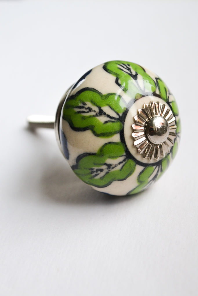 Green and White Floral Knob